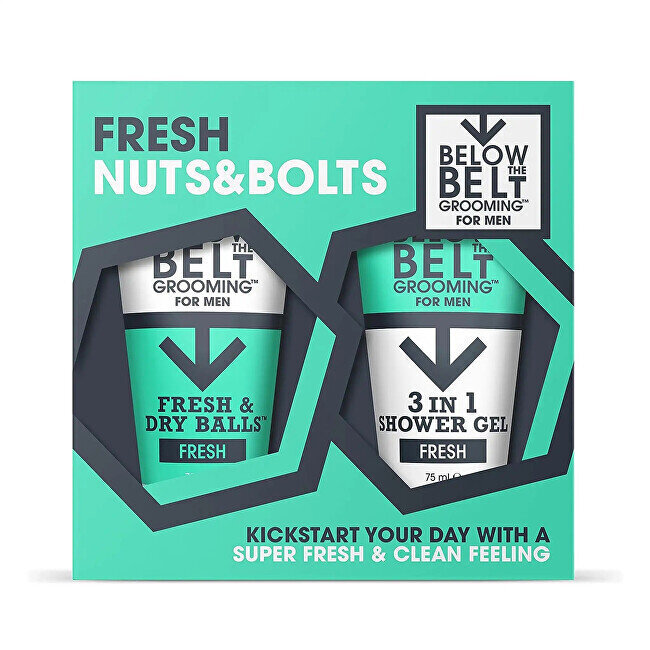 Below the Belt Grooming Fresh Nuts & Bolts -lahjasetti miehille: deodorantti Fresh & Dry Balls Cool, 75 ml + 3 in 1 suihkugeeli, 75 ml. hinta ja tiedot | Suihkusaippuat ja suihkugeelit | hobbyhall.fi