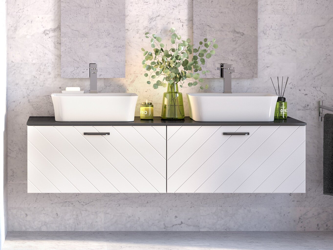 Kylpyhuonekaappi Besco Floo 80 ohuella marmorityötasolla, valkoinen/kulta hinta ja tiedot | Kylpyhuonekaapit | hobbyhall.fi