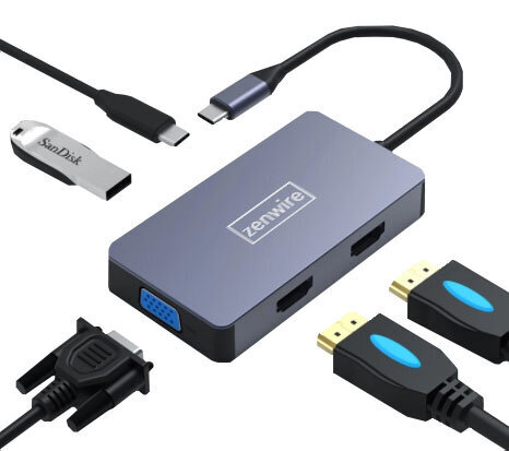 Sovitin HUB 5W1 USB-C 2x HDMI 4K VGA USB 3.0 PD ZW hinta ja tiedot | Adapterit | hobbyhall.fi