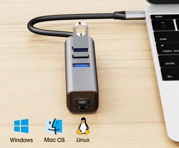 HUB USB-C Ethernet Gigabit RJ45 3x USB 3.0 hinta ja tiedot | Adapterit | hobbyhall.fi