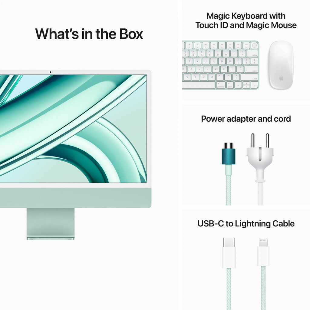 iMac 24” 4.5K Retina, Apple M3 8C CPU, 10C GPU/8GB/256GB SSD/Green/INT - MQRN3ZE/A hinta ja tiedot | Pöytätietokoneet | hobbyhall.fi