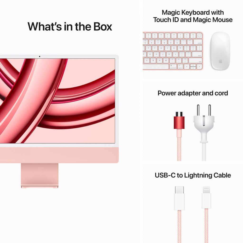 iMac 24” 4.5K Retina, Apple M3 8C CPU, 10C GPU/8GB/512GB SSD/Pink/INT - MQRU3ZE/A hinta ja tiedot | Pöytätietokoneet | hobbyhall.fi