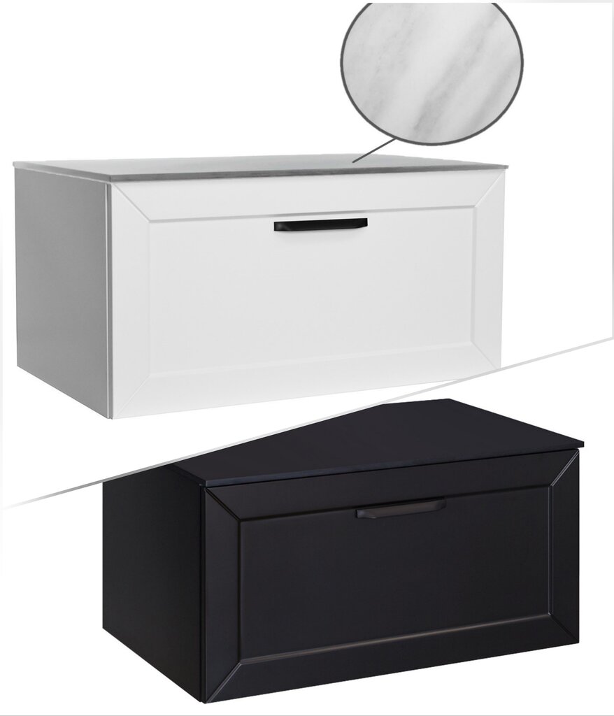 Besco Dexa 120 Slim -kylpyhuonekaappi, jossa on marmorinen työtaso ja mustat kahvat. hinta ja tiedot | Kylpyhuonekaapit | hobbyhall.fi