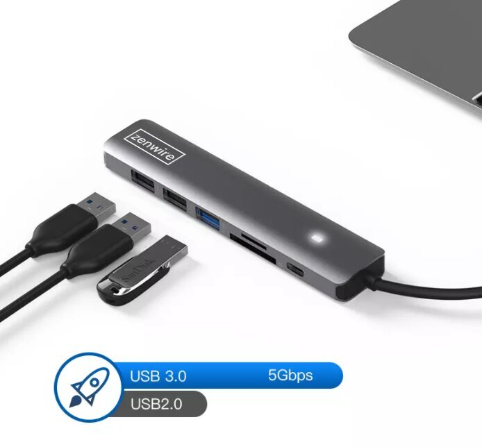 USB-C 7in1 HDMI 4K USB 3.0 SD PD LED Zenwire hinta ja tiedot | Adapterit | hobbyhall.fi