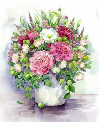 Timanttimaalaus Varvikas - Bright peonies with green fruits in a white vase LG025e 40x50 cm hinta ja tiedot | Timanttimaalaukset | hobbyhall.fi