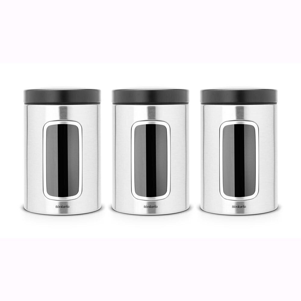 Brabantia Säilytyspurkkisetti ikkunalla 3kpl 1,4L, Matt Steel Fingerprint Proof hinta ja tiedot | Elintarvikkeiden säilytysastiat | hobbyhall.fi