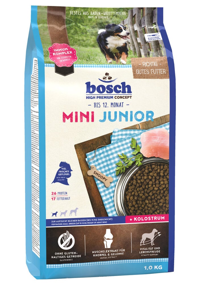 Bosch Petfood Mini Junior 1kg + 1kg LAHJA! hinta ja tiedot | Koiran kuivaruoka | hobbyhall.fi