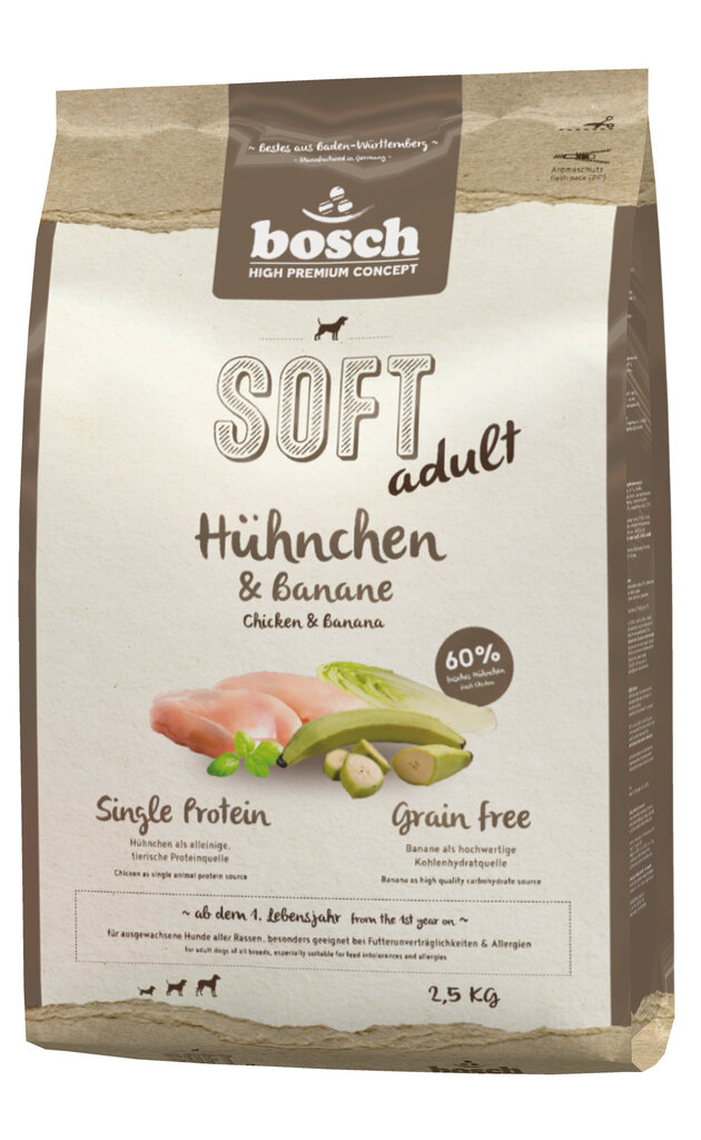 Koiran kuivaruoka Bosch HPC Soft + kana & banaani viljaton (yksi proteiini) 2,5 kg hinta ja tiedot | Koiran kuivaruoka | hobbyhall.fi