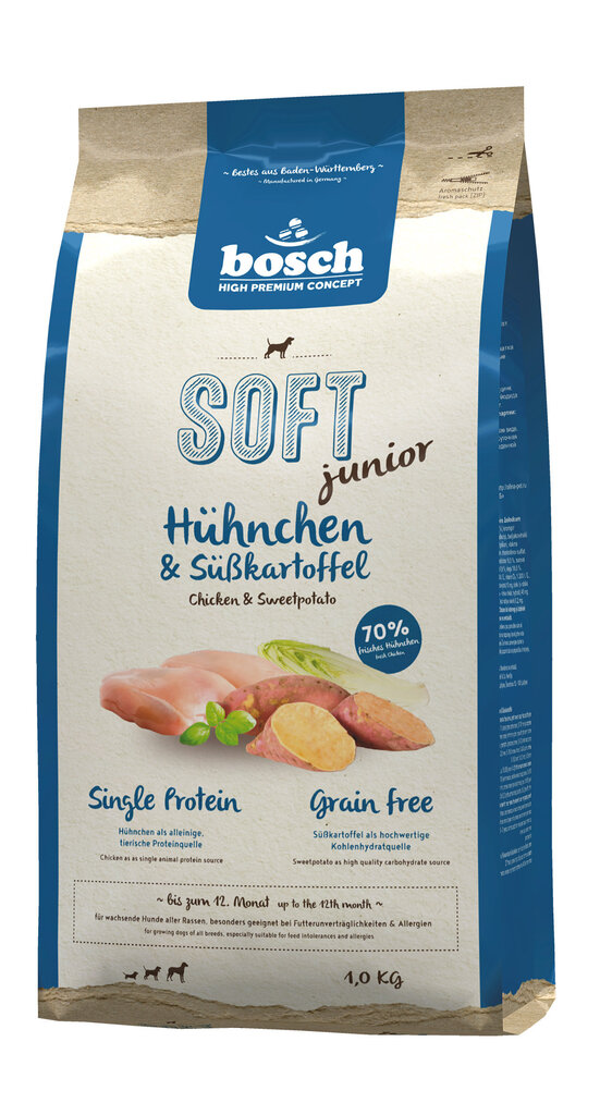 Bosch HPC Soft + Junior Kanaa ja bataattia (yksi proteiini) 1kg, kuivaruoka  koirille hinta 