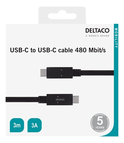 Deltaco USBC 2.0-kaapeli, C-C-tyyppi, 3 m, musta hinta ja tiedot | Kaapelit ja adapterit | hobbyhall.fi
