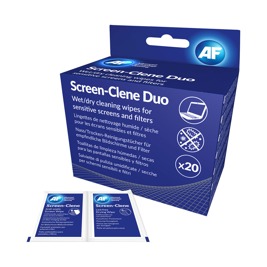 Kosteat ja kuivat pyyhkeet näyttöjen puhdistamiseen AF Screen-Clene Duo, 2 x 20 kpl hinta ja tiedot | Puhdistusaineet | hobbyhall.fi