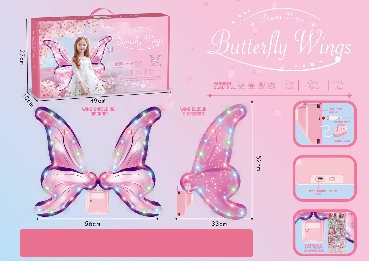 Luminous Fairy Butterfly Wings, LED, Set hinta ja tiedot | Naamiaisasut | hobbyhall.fi