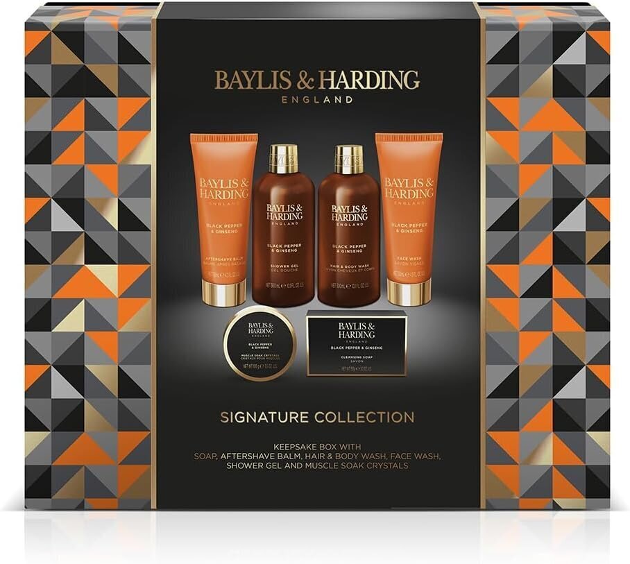 Lahjasetti miehille Baylis & Harding Black Pepper & Ginseng Men´s Luxury Shower & Prep, 6 osaa hinta ja tiedot | Suihkusaippuat ja suihkugeelit | hobbyhall.fi