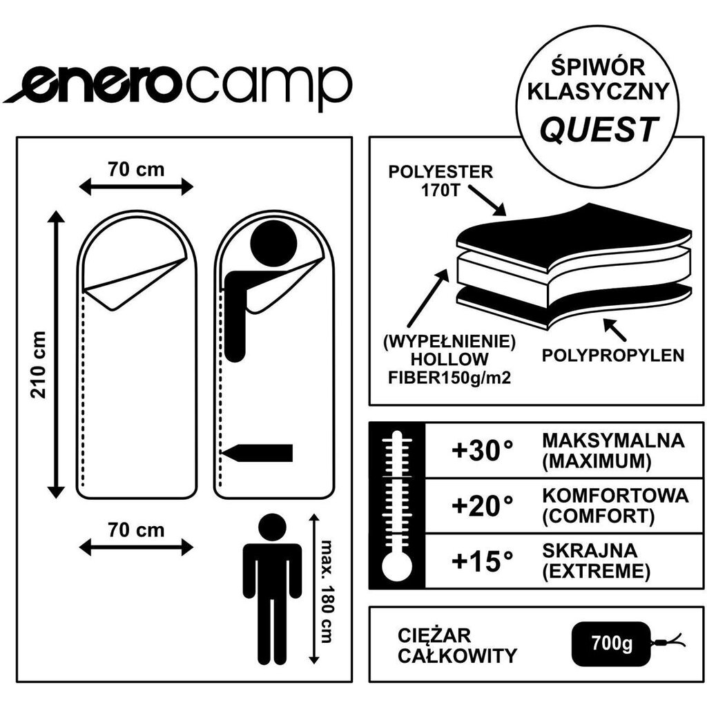 QUEST vaellus makuupussi 210x70 cm ENERO CAMP GREEN ENERO CAMP GREEN hinta ja tiedot | Makuupussit | hobbyhall.fi