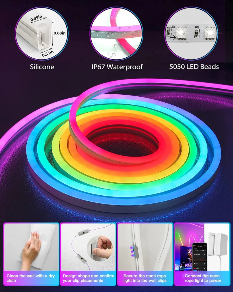 Bluetooth RGBIC Neon LED -nauha 5 m kaukosäätimellä LIVMAN RD0462 hinta ja tiedot | LED-valonauhat | hobbyhall.fi