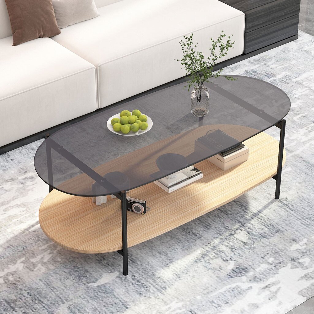 Sohvapöytä CINDY 120x55xH40cm, harmaa lasi/melamiinitammi hinta ja tiedot | Sohvapöydät | hobbyhall.fi