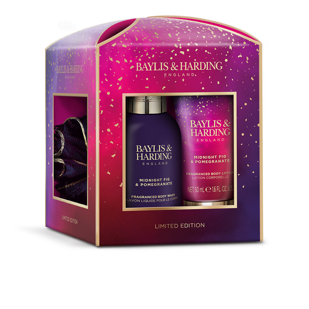 Lahjasetti naisille Baylis & Harding Midnight Fig & Pomegranate Luxury Essentials Treat Box: vartalovesi 100 ml + vartalovoide 50 ml + vartalovesi 50 ml + pesukukka hinta ja tiedot | Suihkusaippuat ja suihkugeelit | hobbyhall.fi