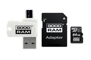 GoodRam microSDHC 64 GB CL10 muistikortti + sovitin + kortinlukija hinta ja tiedot | Goodram Puhelimet, älylaitteet ja kamerat | hobbyhall.fi