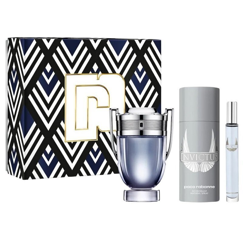 Kosmetiikkasetti Paco Rabanne Invictus miehille: EDT, 100 ml + EDT, 10 ml + deodorantti, 150 ml hinta ja tiedot | Miesten hajuvedet | hobbyhall.fi