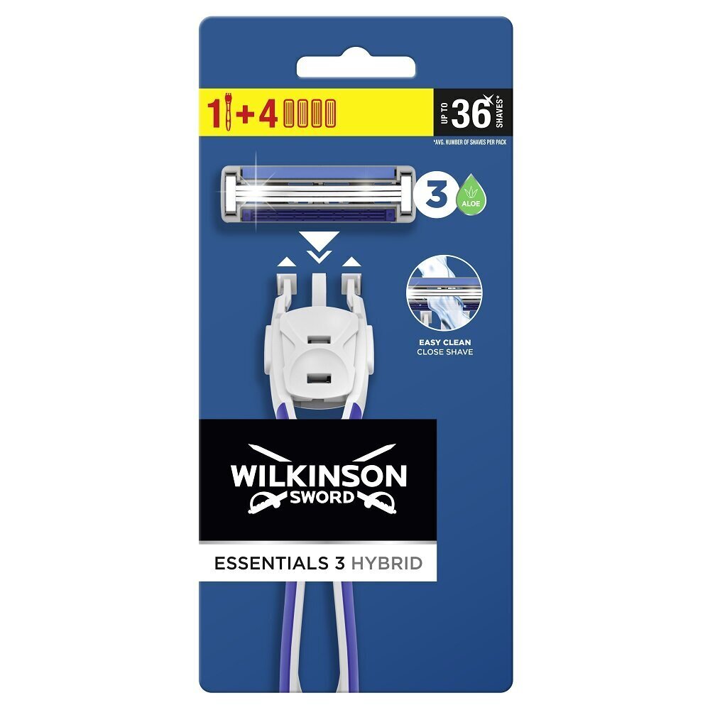 Parranajosarja Wilkinson Essentials 3 Hybrid: partakone, 1 kpl + partakoneen päät, 4 kpl hinta ja tiedot | Parranajo ja karvanpoisto | hobbyhall.fi