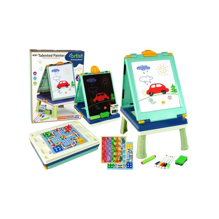 Kaksipuolinen piirustuspöytä 3in1 Lean Toys, vihreä hinta ja tiedot | Kehittävät lelut | hobbyhall.fi