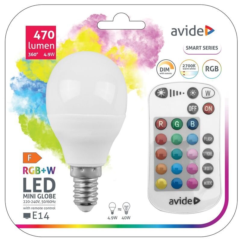 LED-lamppu AVIDE Smart RGB+W 4,9W G45 E14 470lm kaukosäätimellä hinta ja tiedot | Lamput | hobbyhall.fi