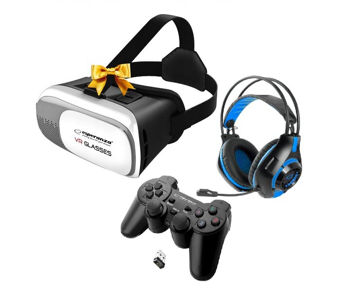 VR-lasit Esperanza GOGGLE VR 3D 360 ja Esperanza Gladiator Wireless pelikonsoli USB:llä ja ESPERANZA kuulokkeet mikrofonilla GAMING DEATHSTRIKE BLUE