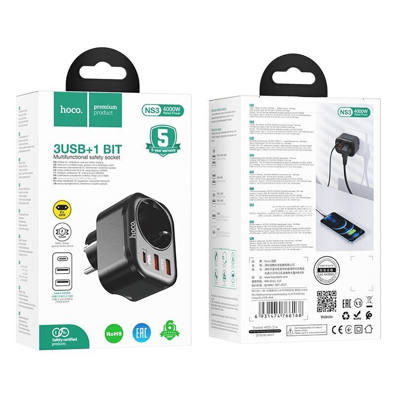 Laturi HOCO NS3 (2xUSB; 1xUSB-C; 1xEU-liitin; 3A 20W) musta hinta ja tiedot | Puhelimen laturit | hobbyhall.fi