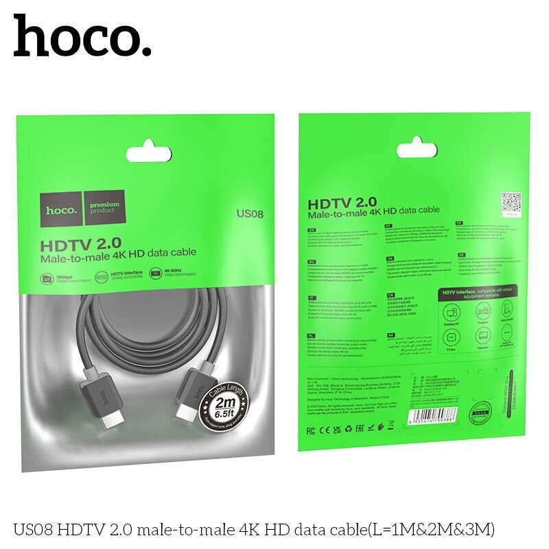 HOCO US08 HDMI2.0 4K HD 2M hinta ja tiedot | Kaapelit ja adapterit | hobbyhall.fi