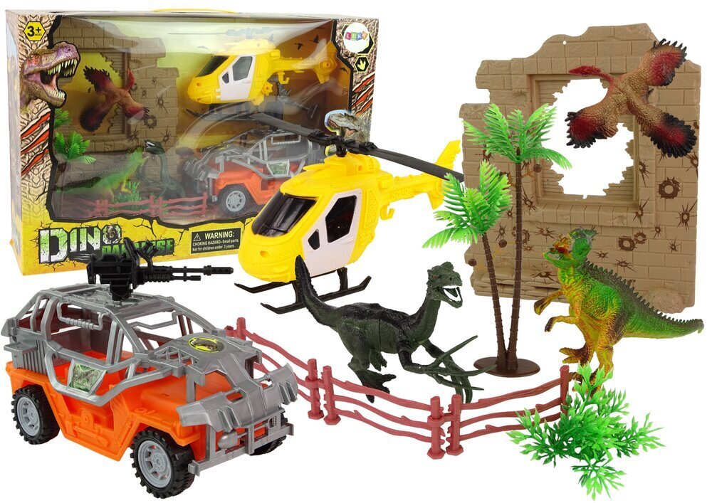 Dinosaur Park Big Set, jossa on auto ja helikopteri hinta ja tiedot | Poikien lelut | hobbyhall.fi