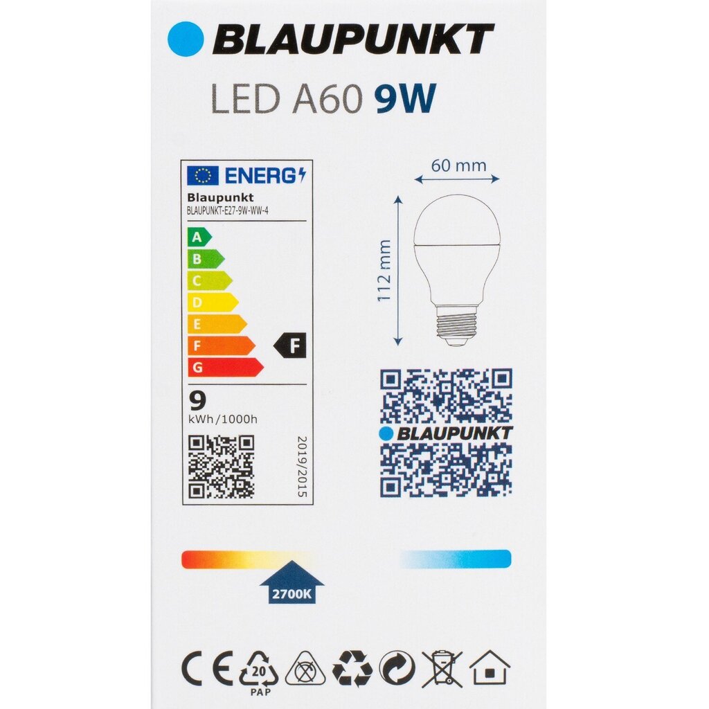Blaupunkt LED-lamput E27 9W 4kpl, lämmin valkoinen hinta ja tiedot | Lamput | hobbyhall.fi
