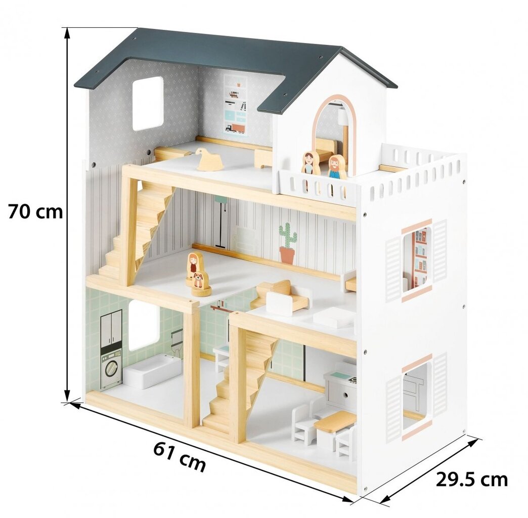 Valkoinen puinen nukketalo, jossa on 19 lisävarustetta hinta ja tiedot | Tyttöjen lelut | hobbyhall.fi