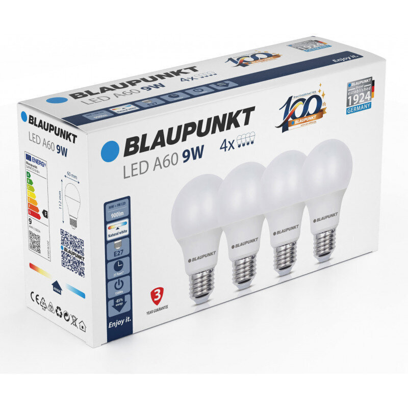 Blaupunkt LED-lamppu E27 A60 900lm 9W 4000K 4kpl hinta ja tiedot | Lamput | hobbyhall.fi