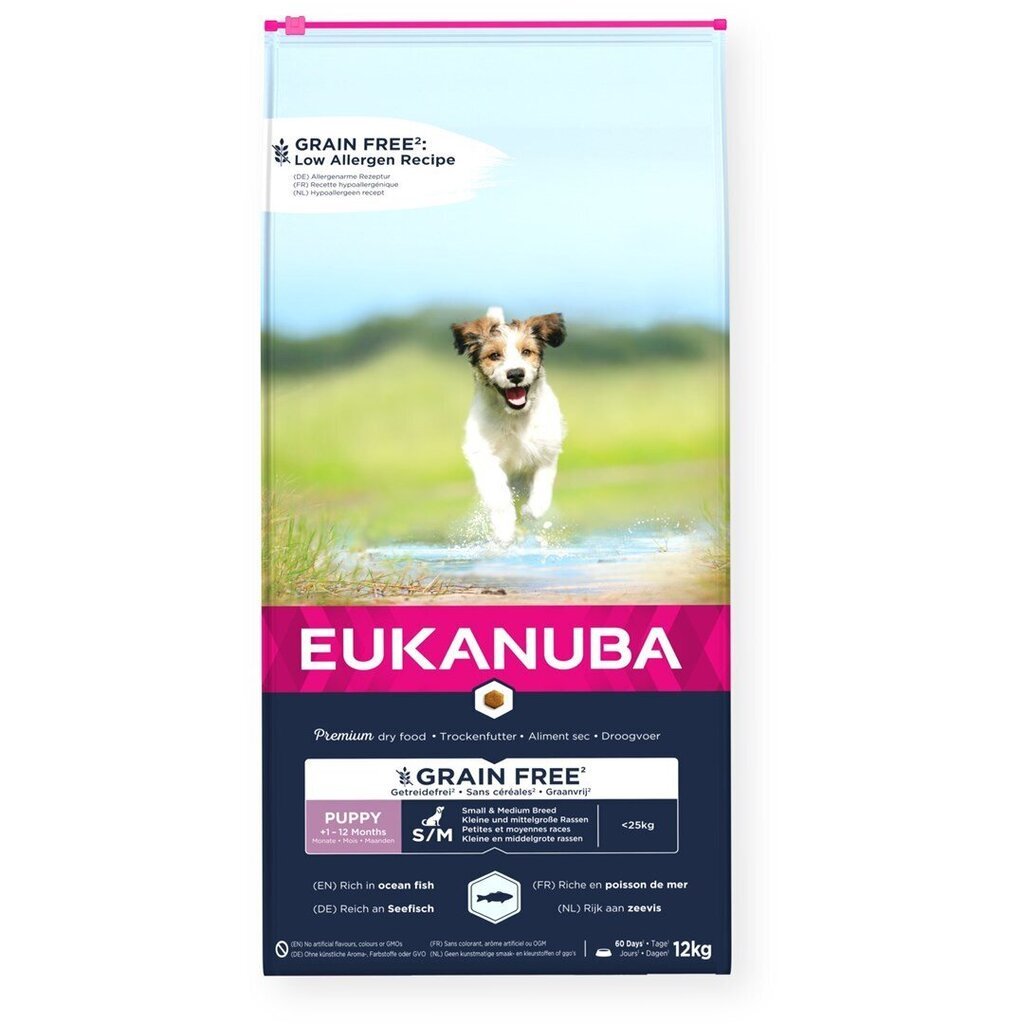 Eukanuba Grain Free Puppy pienille/keskikokoisille pennuille kalan kanssa, 12 kg hinta ja tiedot | Koiran kuivaruoka | hobbyhall.fi