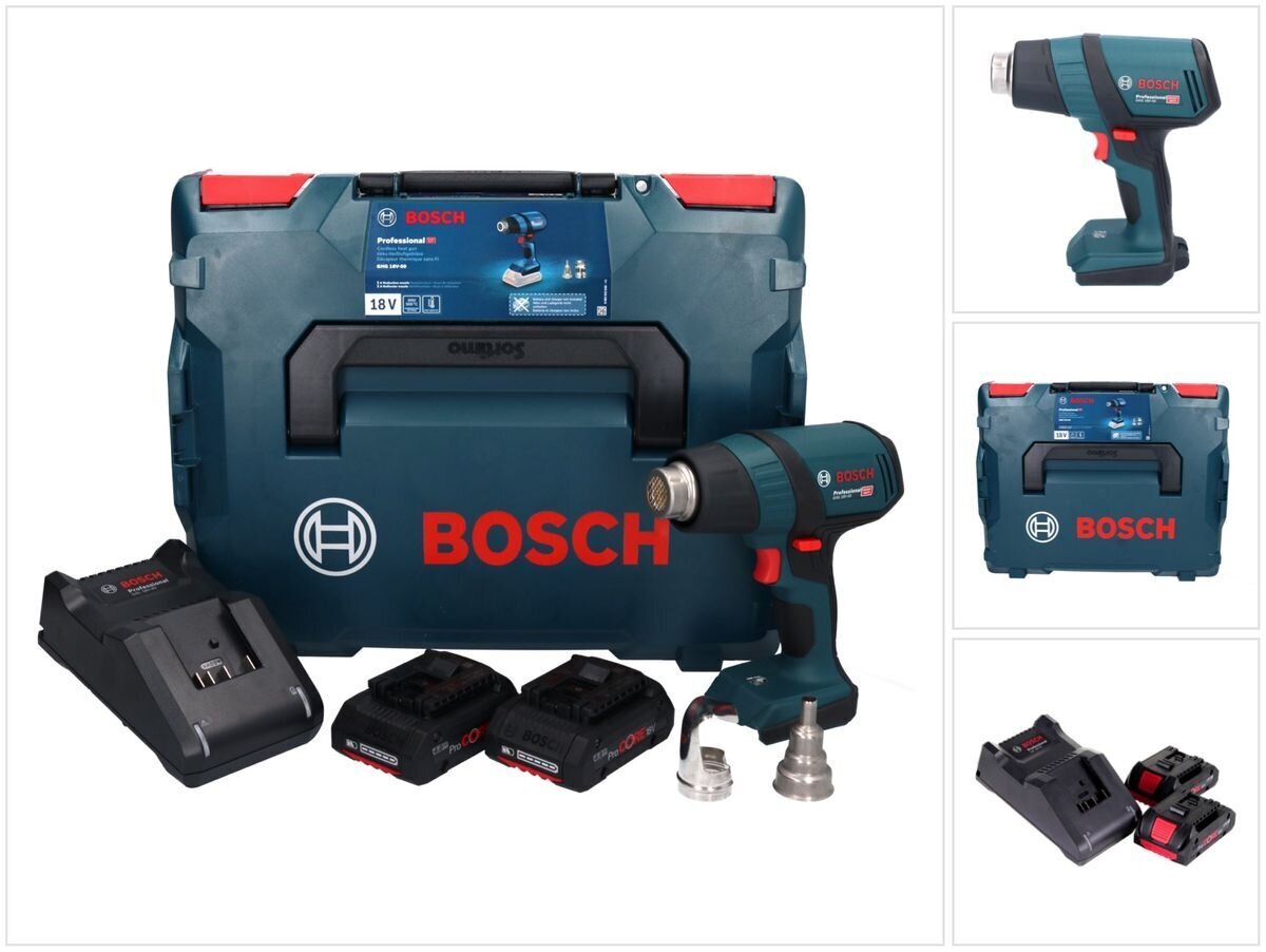 Bosch GHG 18V-50 Professional akkukäyttöinen kuumailmapuhallin 18 V 300° C / 500° C + 2x ProCORE akku 4,0 Ah + laturi + L-Boxx hinta ja tiedot | Kuumailmapuhaltimet | hobbyhall.fi