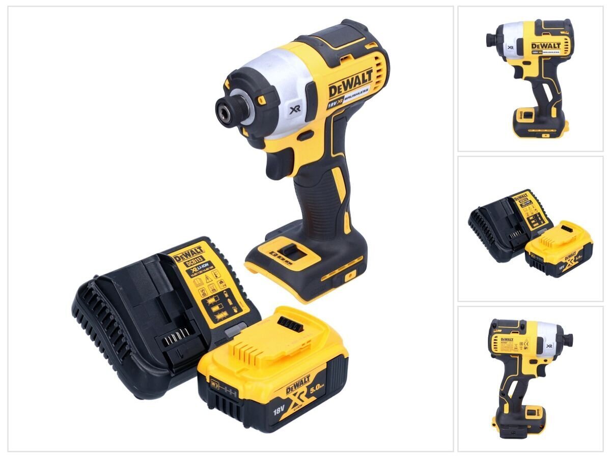 Akku-iskuväännin DeWalt DCF 887 P1 18 V 205 Nm 1/4" + 1x akku 5,0 Ah + laturi hinta ja tiedot | Akkuporakoneet ja ruuvinvääntimet | hobbyhall.fi