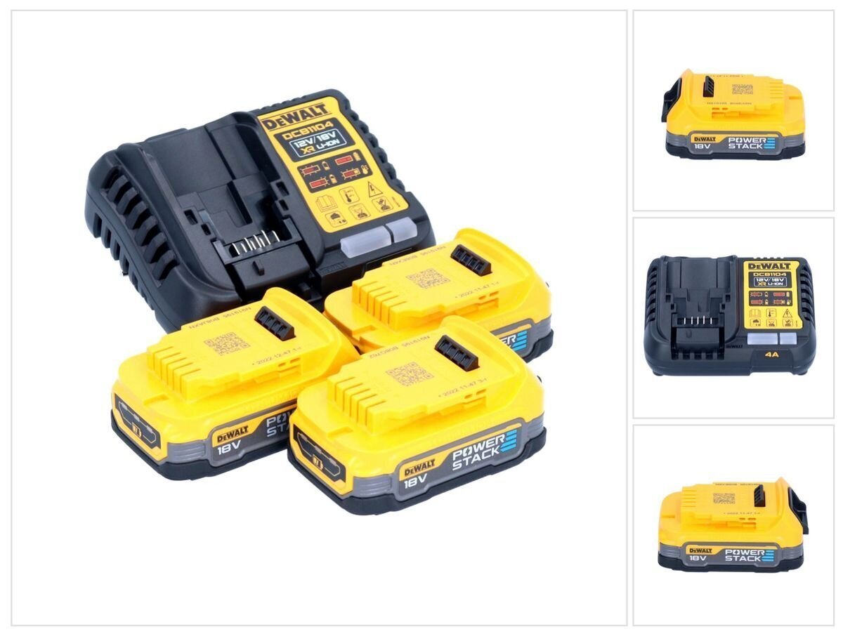 DeWalt DCB 1104 E3 lataussarja 12 V / 18 V 3x Powerstack akku 1,7 Ah + DCB 1104 laturi hinta ja tiedot | Akkuporakoneet ja ruuvinvääntimet | hobbyhall.fi