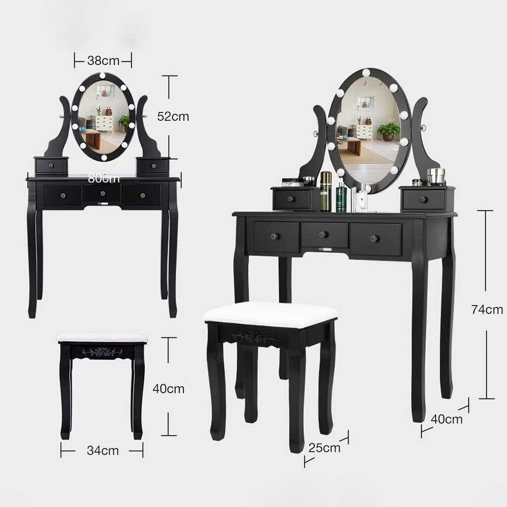 Peilipöytä KS165LED, musta hinta ja tiedot | Peilipöydät | hobbyhall.fi