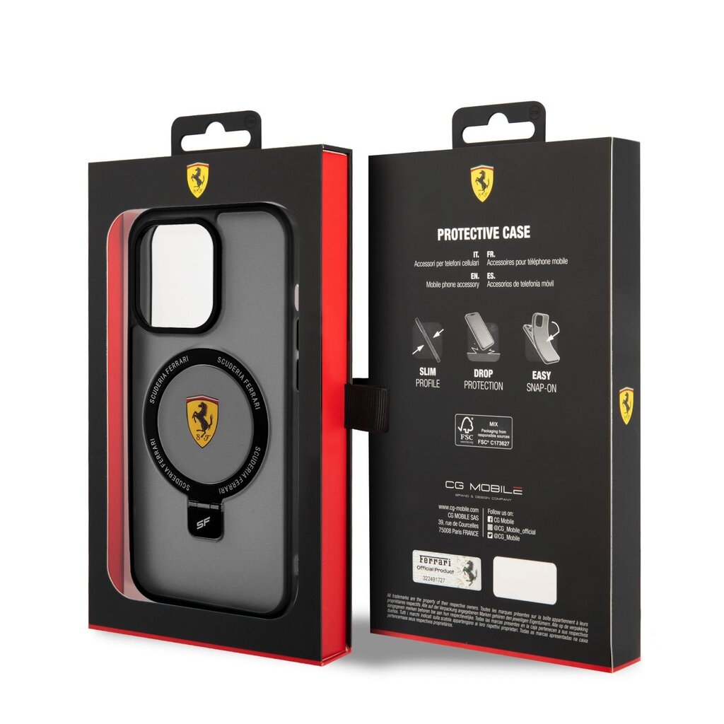 Ferrari Ring Stand MagSafe Case for iPhone 15 Pro Black hinta ja tiedot | Puhelimen kuoret ja kotelot | hobbyhall.fi