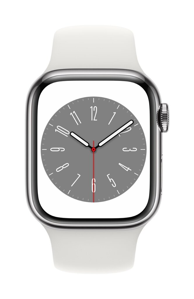 Apple Watch Series 8 GPS + Cellular 45mm Silver Stainless Steel Case with White Sport Band - Regular MNKE3KS/A hinta ja tiedot | Älykellot | hobbyhall.fi