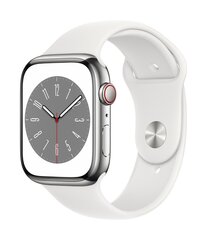 Apple Watch Series 8 GPS + Cellular 45mm Silver Stainless Steel Case with White Sport Band - Regular MNKE3KS/A hinta ja tiedot | Älykellot | hobbyhall.fi