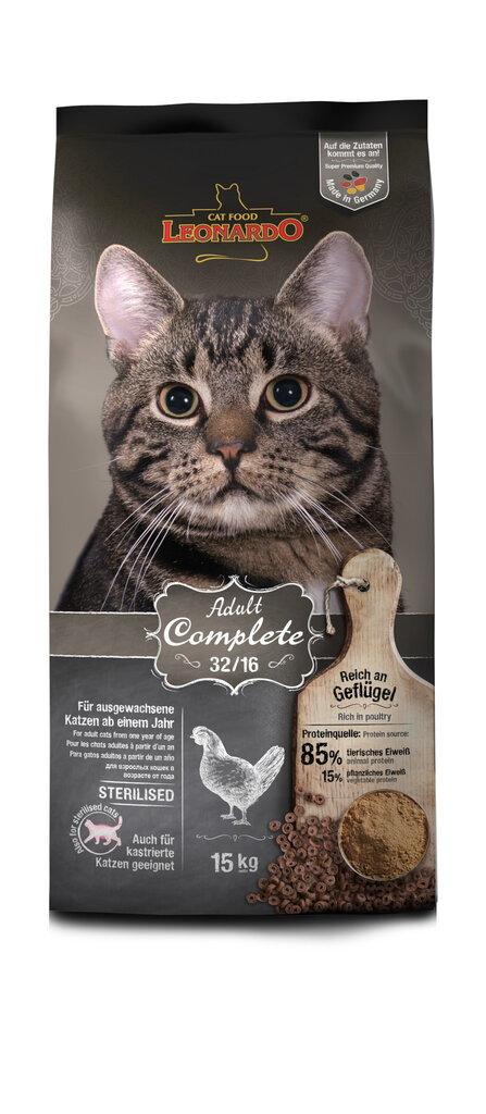 Leonardo Adult 32/16 vähäaktiivisille kissoille 1-vuotiaasta alkaen, siipikarja, 15 kg hinta ja tiedot | Kissan kuivaruoka | hobbyhall.fi