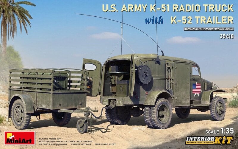 Liimattava malli MiniArt 35418 US Army K-51 Radio Truck w/K-52 Trailer Interior Kit 1/35