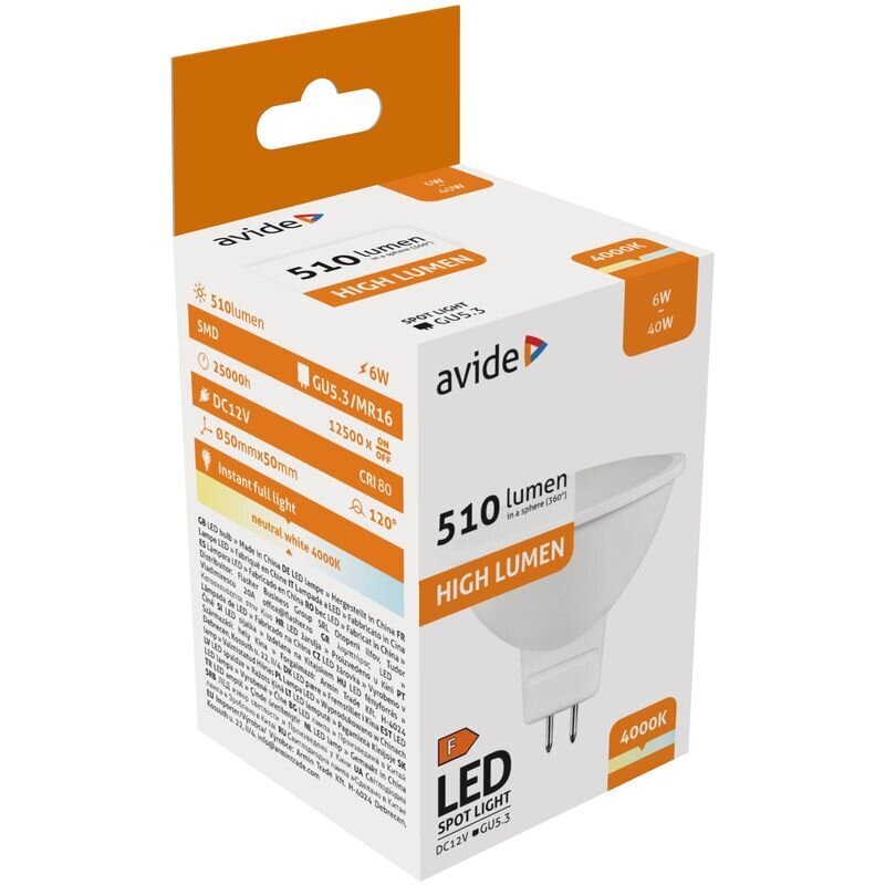 Avide LED-lamppu 6W GU5.3 12V 4000K hinta ja tiedot | Lamput | hobbyhall.fi