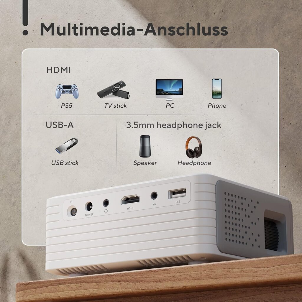 AKIYO-miniprojektori jalustalla, Full HD 1080P, älypuhelin yhteensopiva, HDMI/USB/AV, valkoinen hinta ja tiedot | Projektorit | hobbyhall.fi