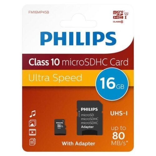 Philips MICROSDHC 16GB CLASS 10/UHS 1 + sovitin hinta ja tiedot | Puhelimen muistikortit | hobbyhall.fi