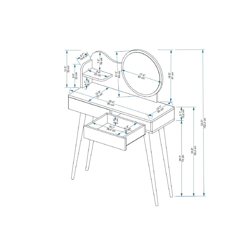 Asir-kampauspöytä, 132,2x90x35 cm, valkoinen hinta ja tiedot | Peilipöydät | hobbyhall.fi