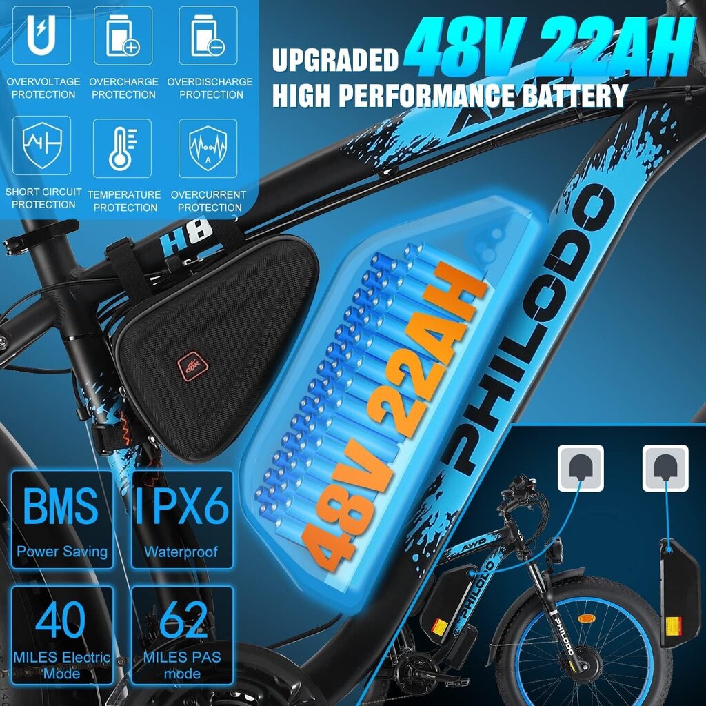 Sähköpyörä PHILODO H8 AWD, 26", musta, 2*1000W, 22Ah hinta ja tiedot | Sähköpyörät | hobbyhall.fi