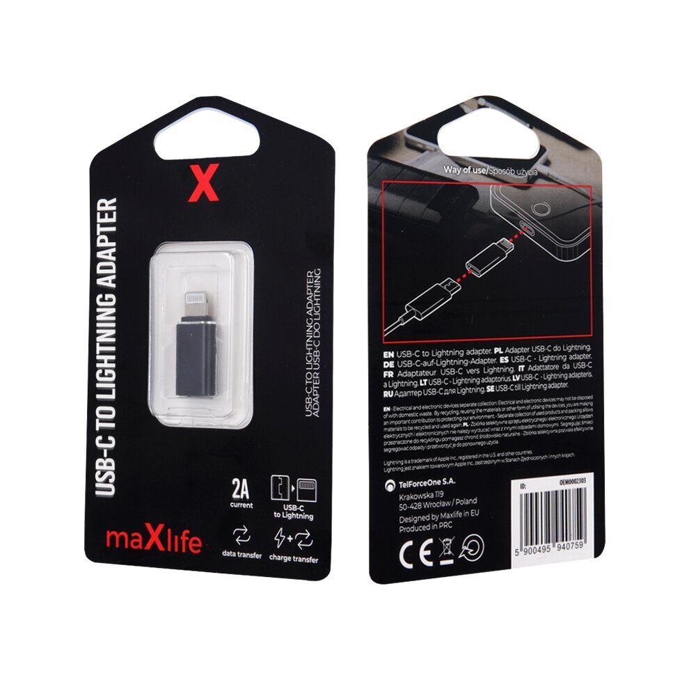 Maxlife adapteri USB-C - Lightning, musta hinta ja tiedot | Adapterit | hobbyhall.fi