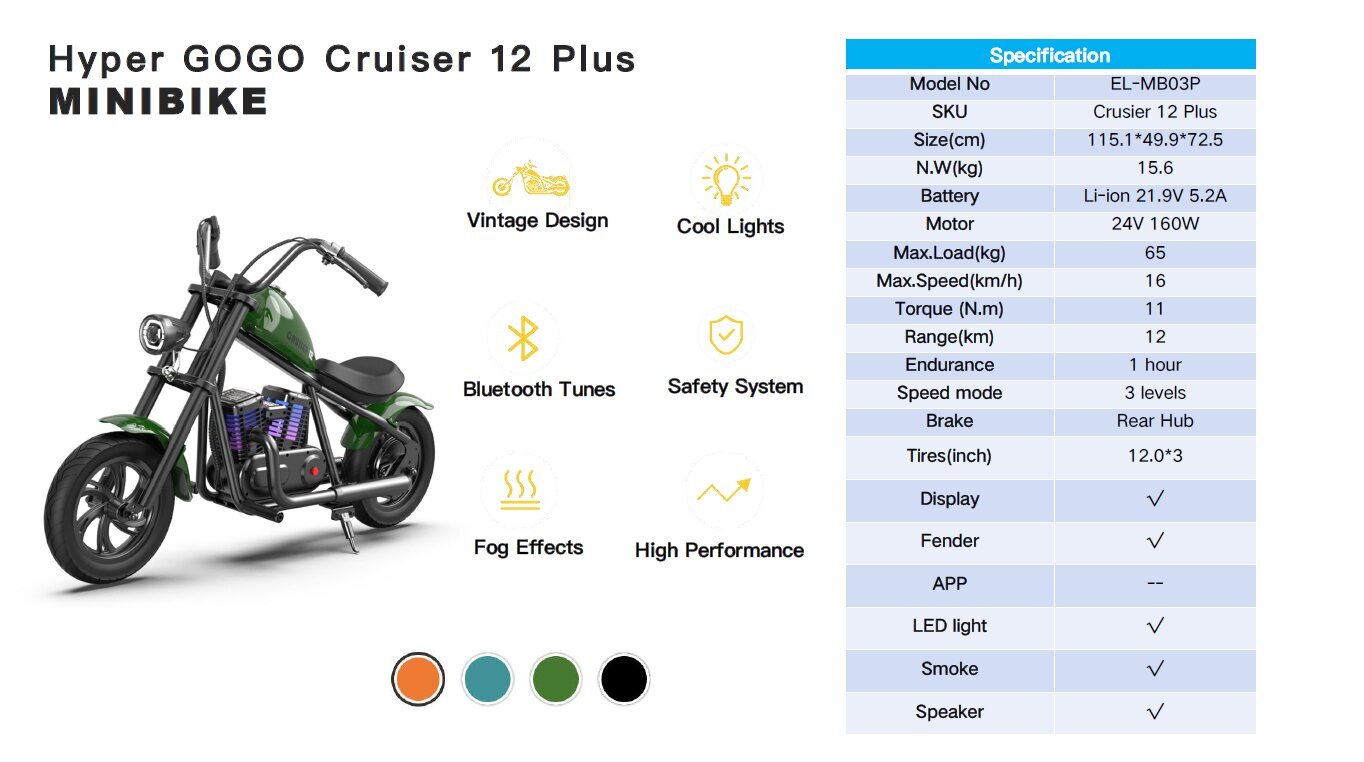 Lasten sähkömoottoripyörä Hyper Gogo Cruiser 12 plus, vihreä hinta ja tiedot | Lasten sähköautot | hobbyhall.fi